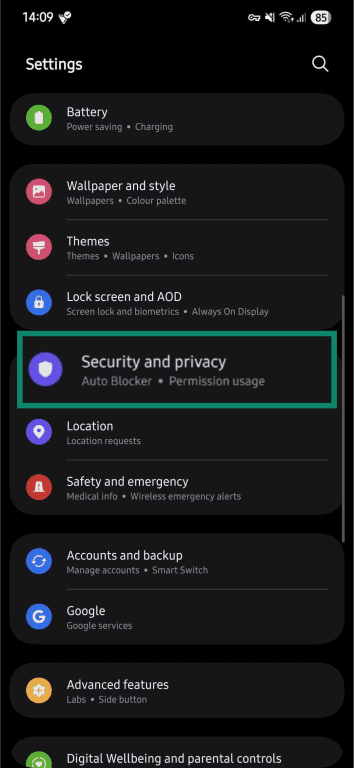 Android Settings menu with Security and Privacy option.