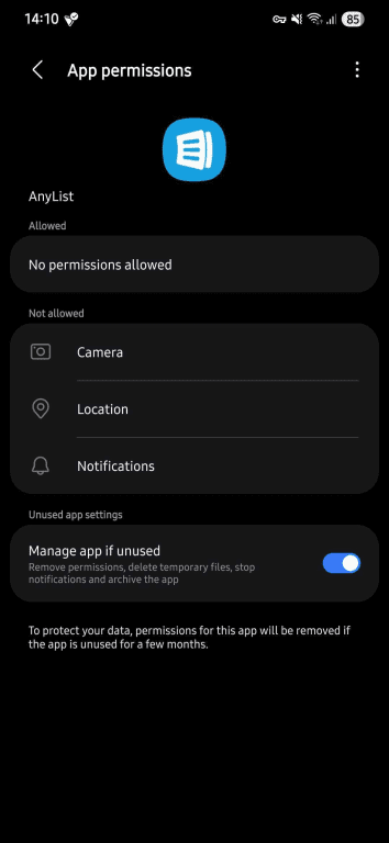 App permissions screen for access control.