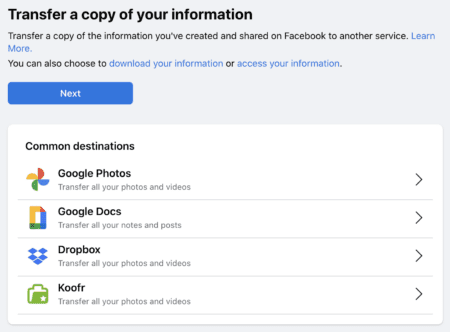 Trasferisci le tue informazioni da Facebook.