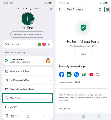 Two Android screenshots side by side showing the Google Play profile settings and the "Play Protect" page. The "Play Protect" option and settings cog icon are highlighted.