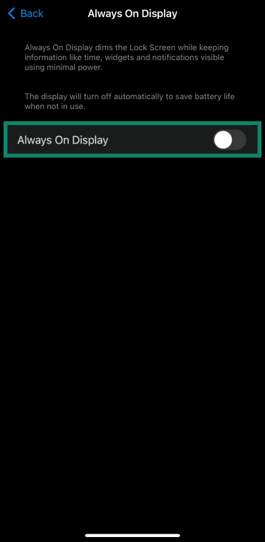 Always On Display toggle in iPhone's settings menu