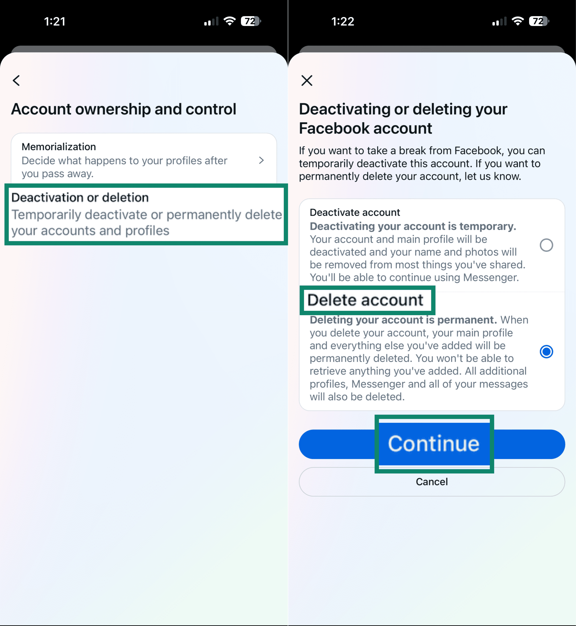 Delete Facebook account option.