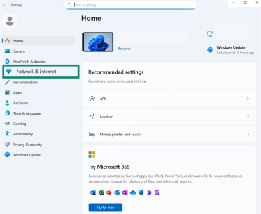 The Settings menu on a Windows machine, with the Network & internet option highlighted.