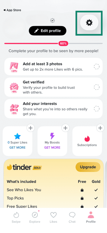 The iOS Tinder account page, outlining the Settings gear icon.
