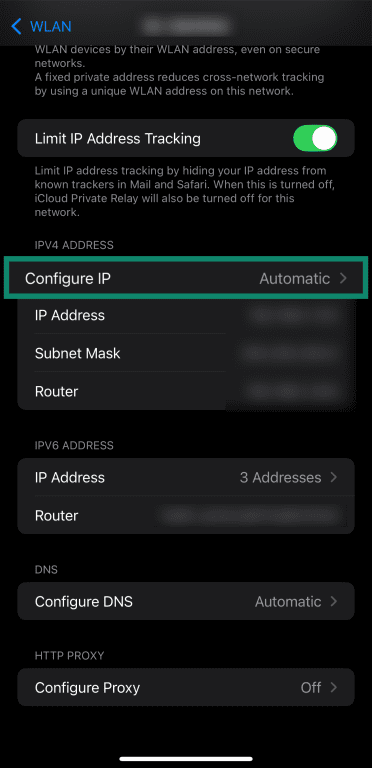 Accessing Configure IP menu on iOS.