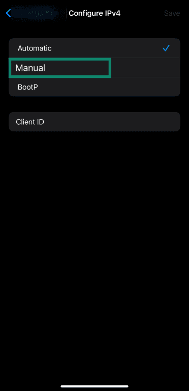 Choosing static IP configuration on iOS.