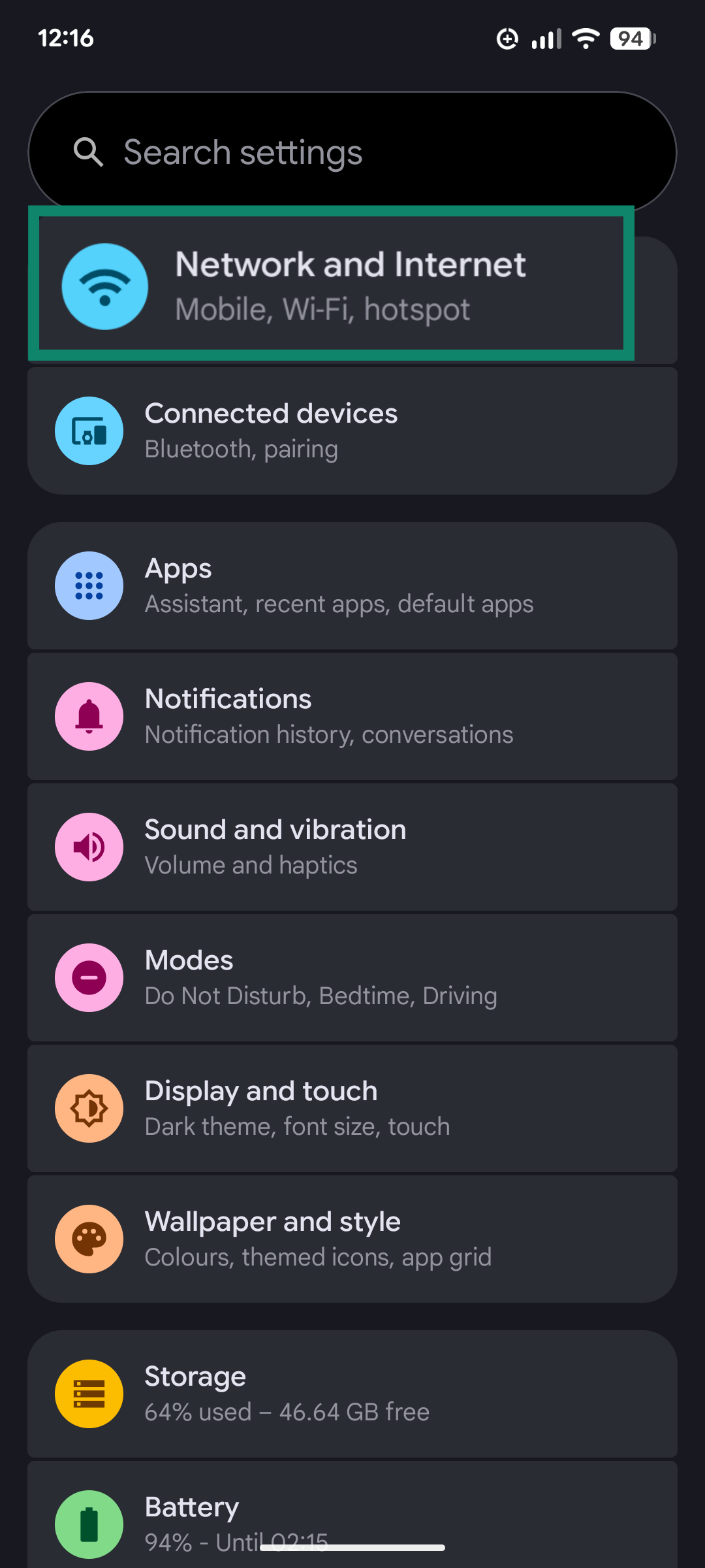 Android Settings page showing the Network and Internet option