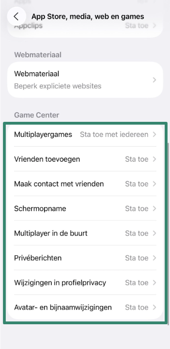 Game Center restrictions in Screen Time settings.