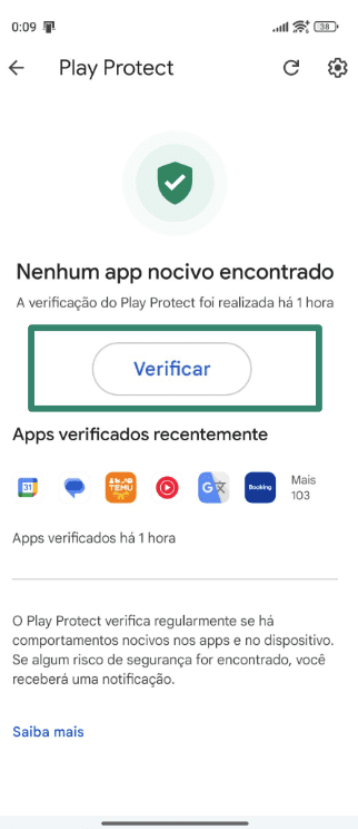 Play Protect screen showing no harmful apps and scan button highlighted.