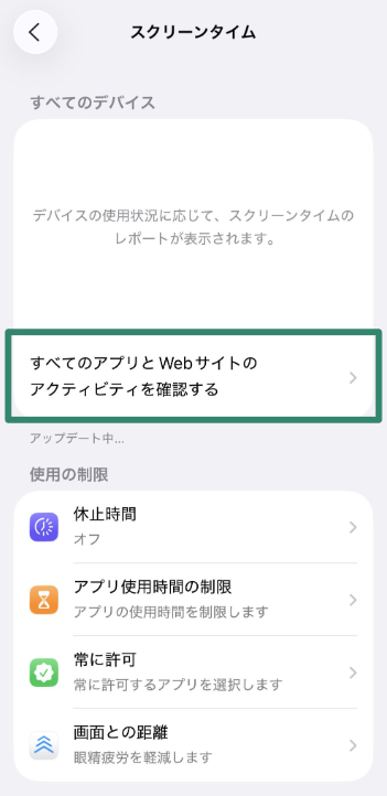 Screen Time menu with See All App & Website Activity option.