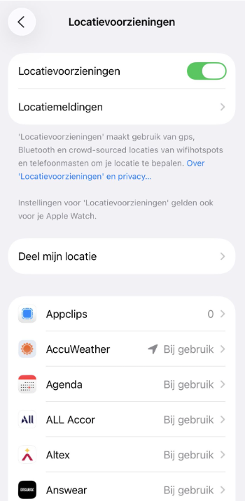 Location Services settings with app-level permissions on iPhone.