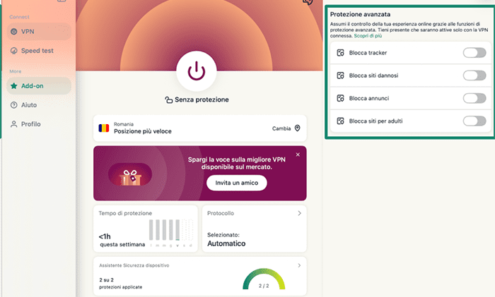 ExpressVPN macOS app with the Advanced Protection options highlighted in the Add-ons section.