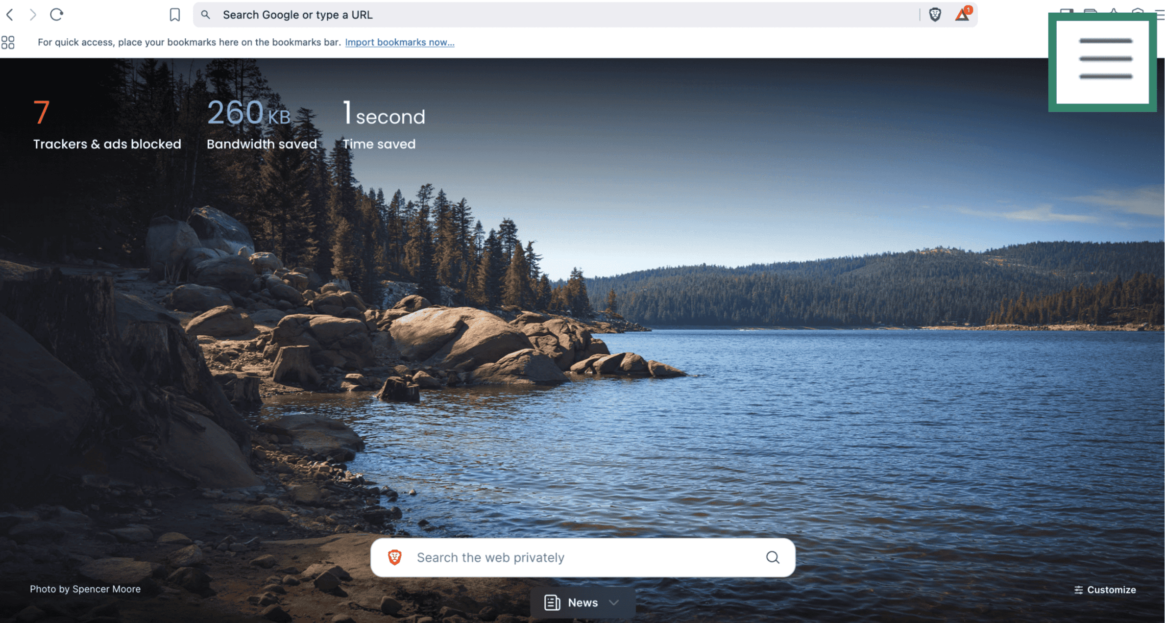 Brave browser home screen with three-line menu icon highlighted in the top-right corner.