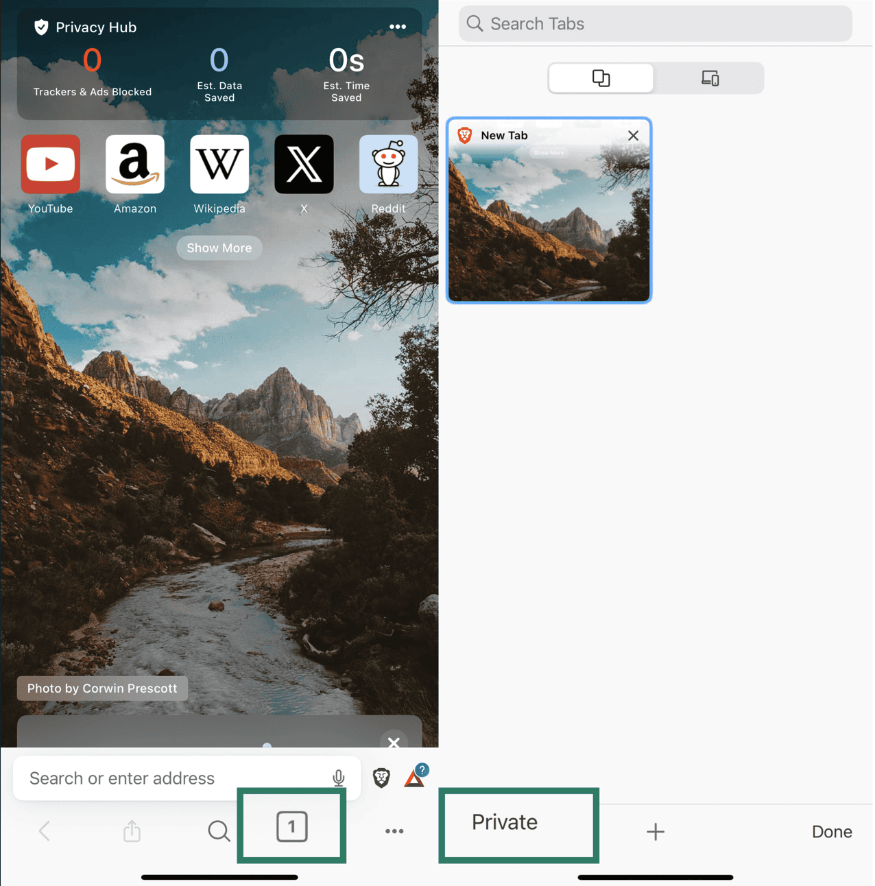 Two side-by-side screenshots of the Brave browser on iPhone. The left screenshot highlights the tab icon in the bottom-right corner. The right screenshot shows the tab switcher with