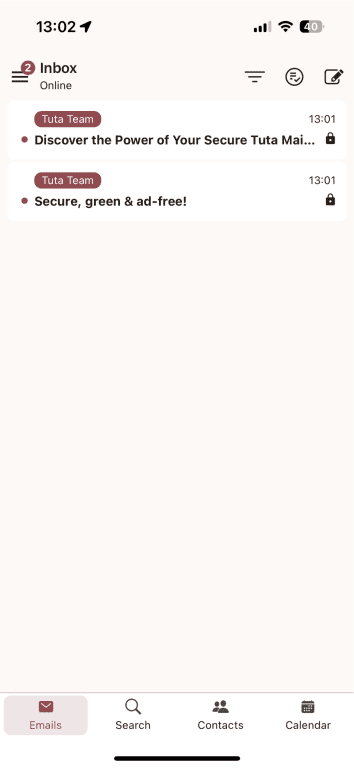 Tuta Mail inbox, showing 2 email forms the Tuta Team.