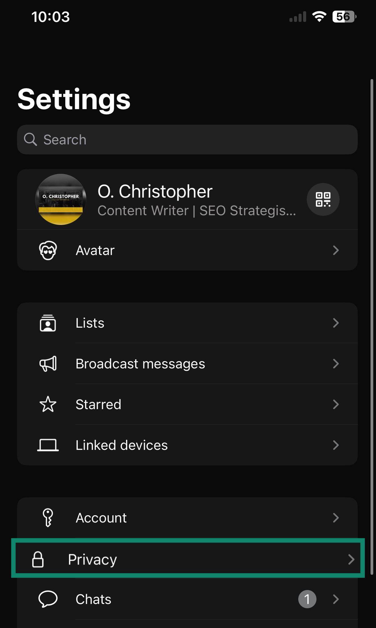 WhatsApp global settings screen with Privacy highlighted.