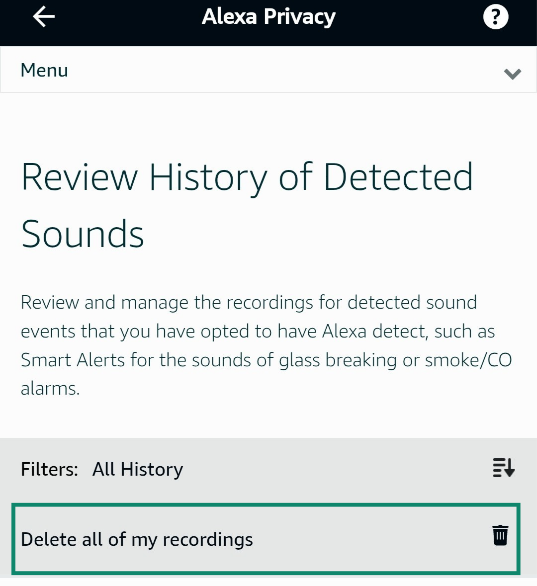 Deleting all recordings from Alexa's voice history.
