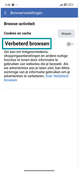 Facebook mobile app Browser settings with the Enhanced browsing toggle highlighted.