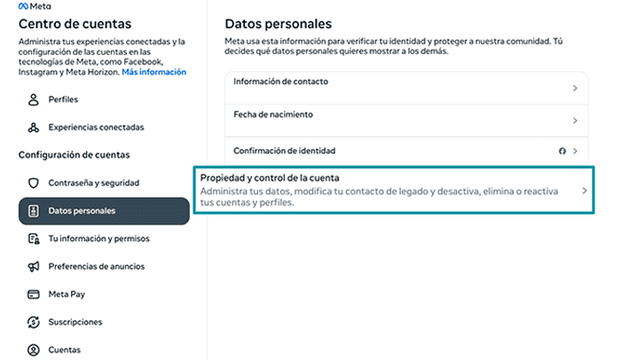 Facebook Accounts Centre Personal details tab with Account ownership and control highlighted.