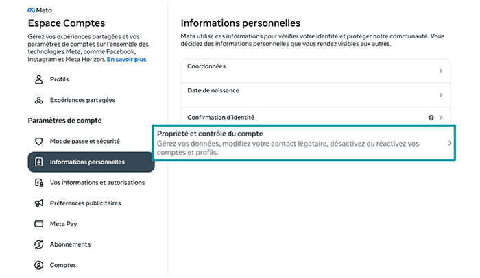 Facebook Accounts Centre Personal details tab with Account ownership and control highlighted.