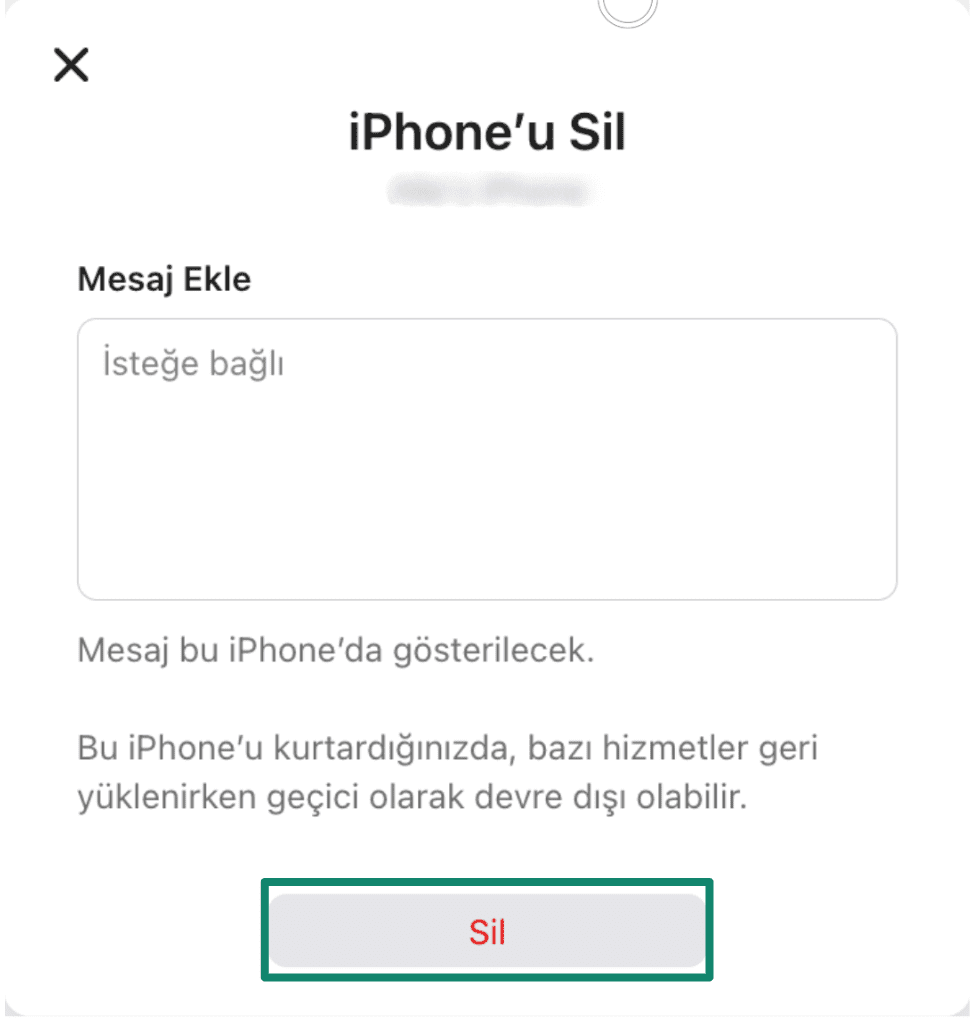 A confirmation prompt asking to 'Erase this iPhone?', warning that all content will be permanently deleted and the device will no longer be trackable.