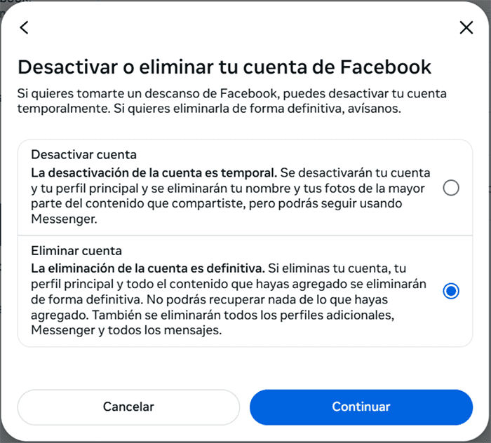 Deactivating or deleting your Facebook account selection screen.