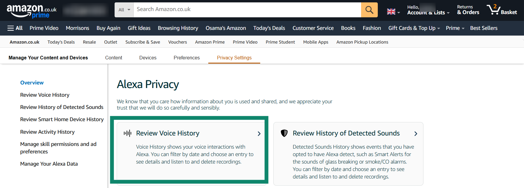 Accessing the Review Voice History Menu in the Amazon website.