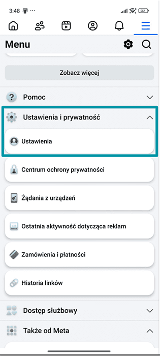 Facebook Android app Menu with Settings & privacy and Settings highlighted.