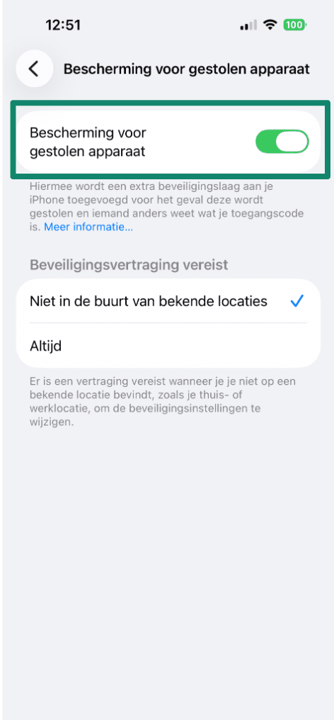 Screenshot of the iPhone Stolen Device Protection settings screen, with the 