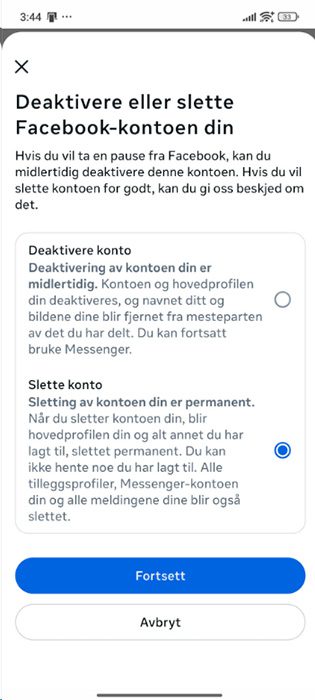 Facebook Android app selection screen for deactivating or deleting your Facebook account.