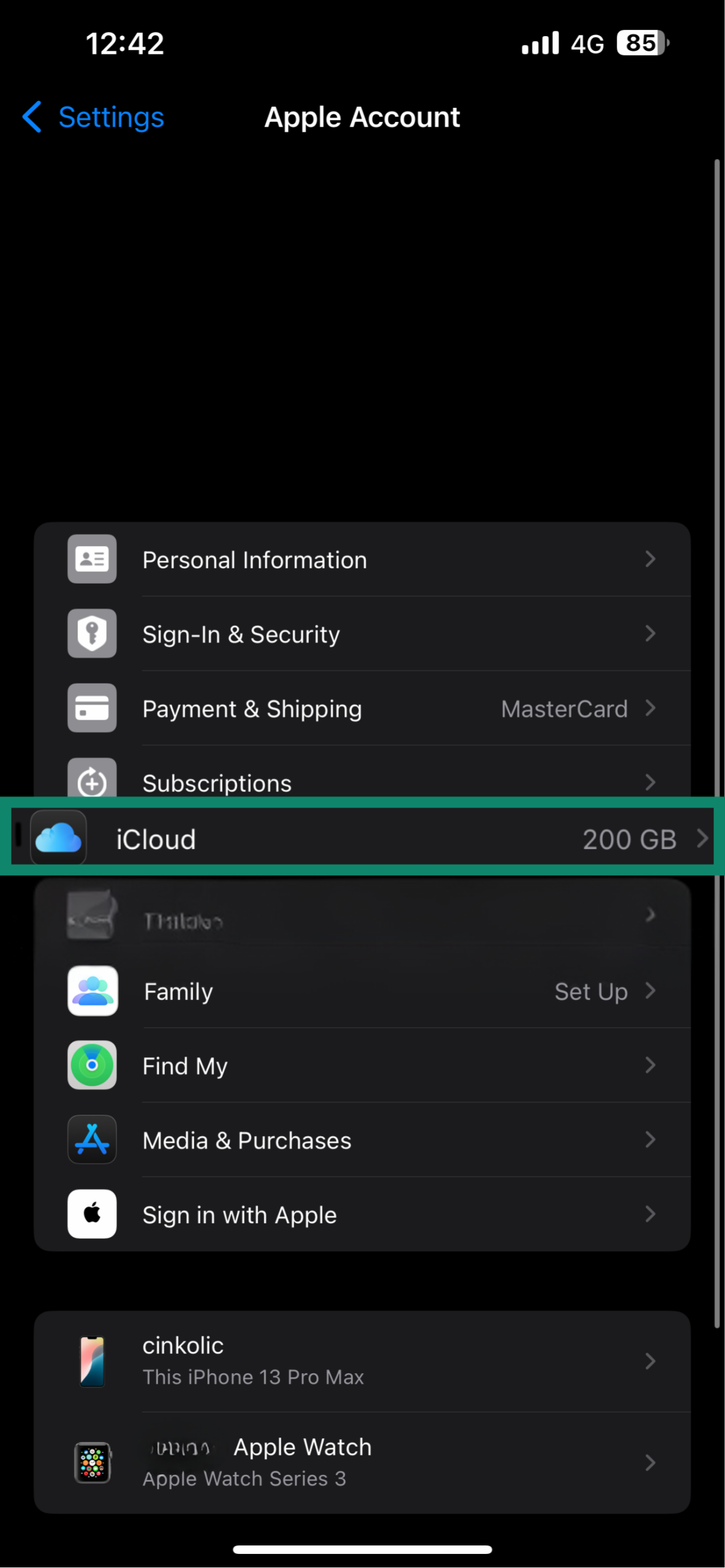 iPhone Apple Account settings page, displaying the iCloud option.