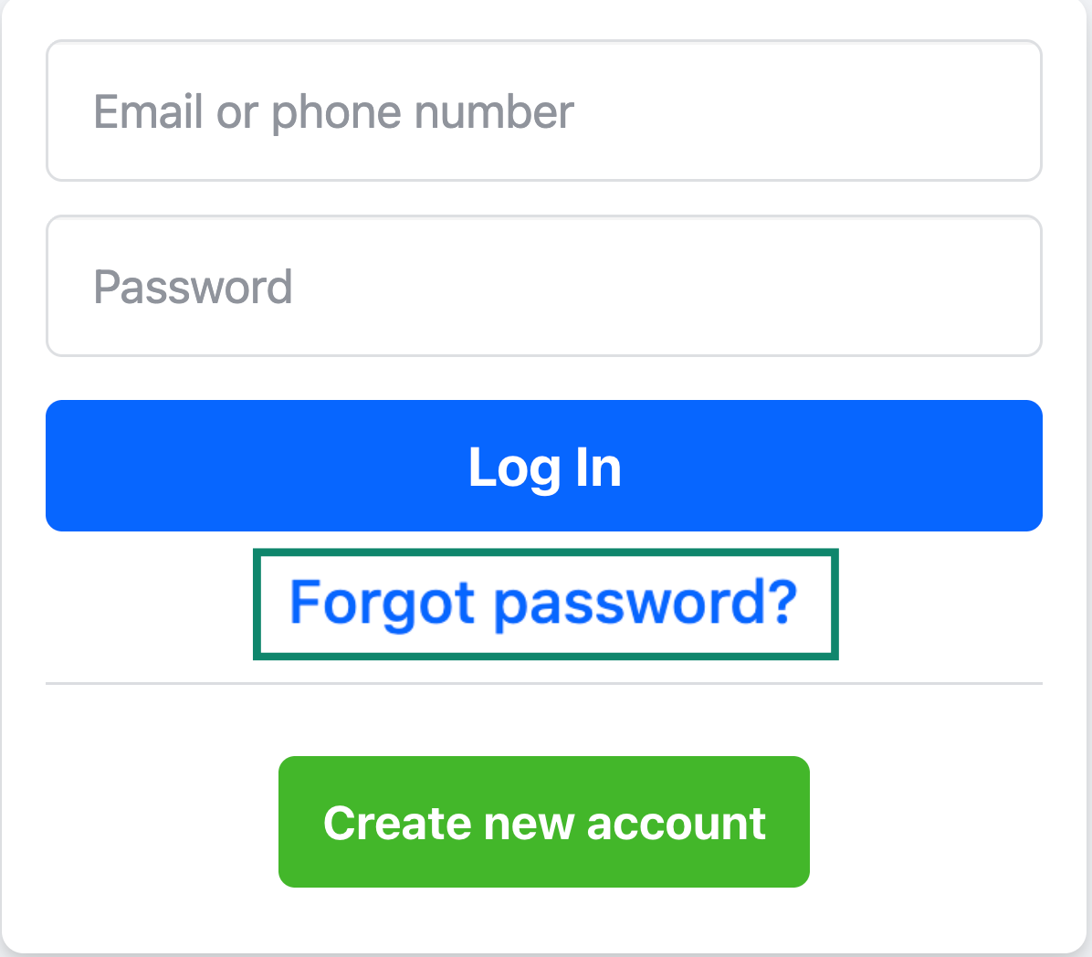 Facebook login page with the password reset option highlighted.