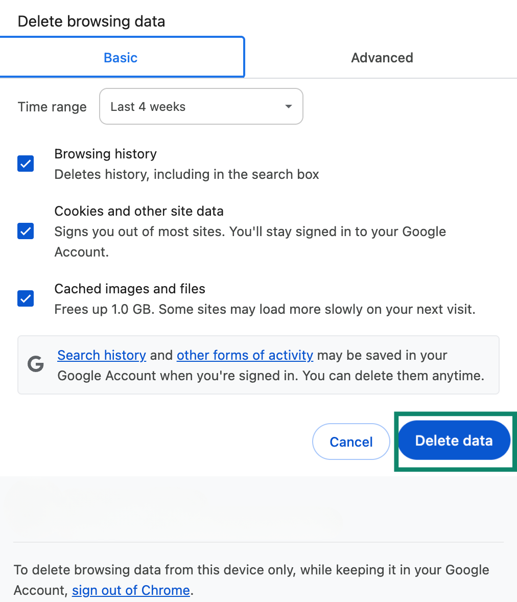 Chrome delete data menu with 'Delete data' button.