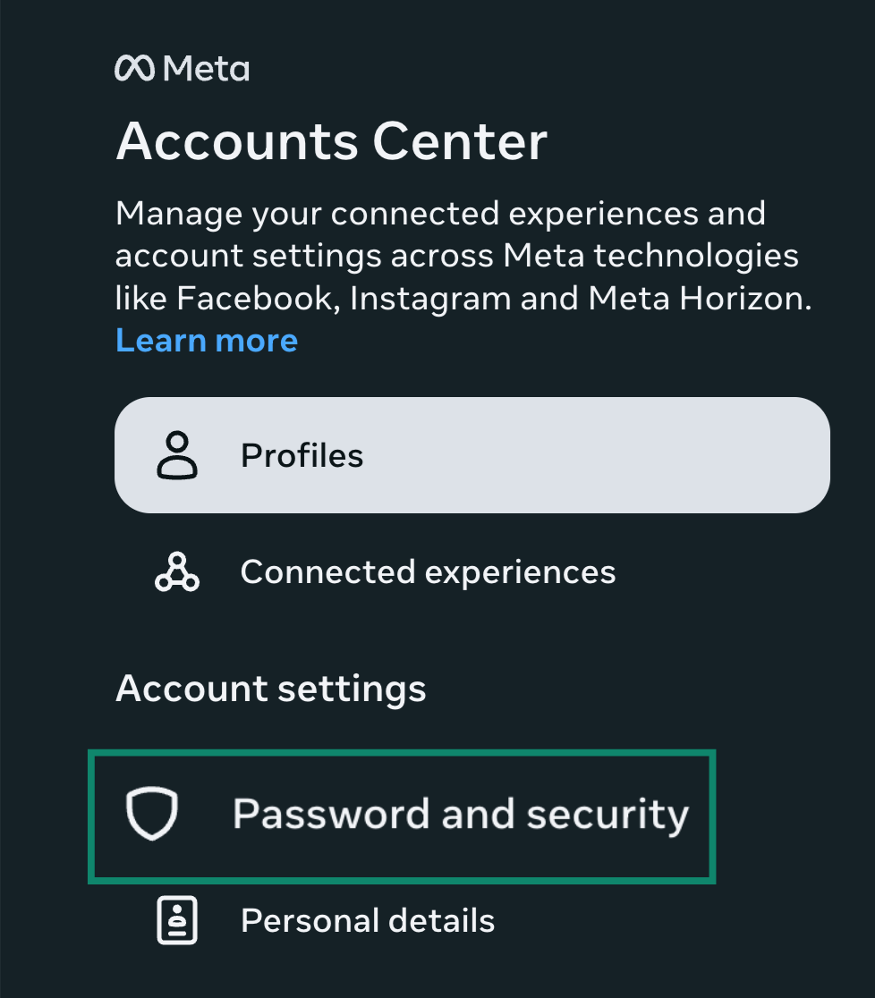The Password and security option highlighted under Meta Accounts Center settings.