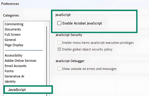 Imagen que muestra la opción de JavaScript en las preferencias de Acrobat.