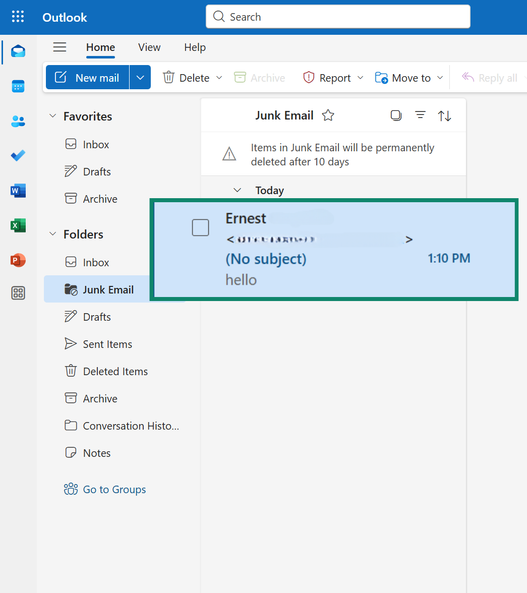 Outlook's spam email options.