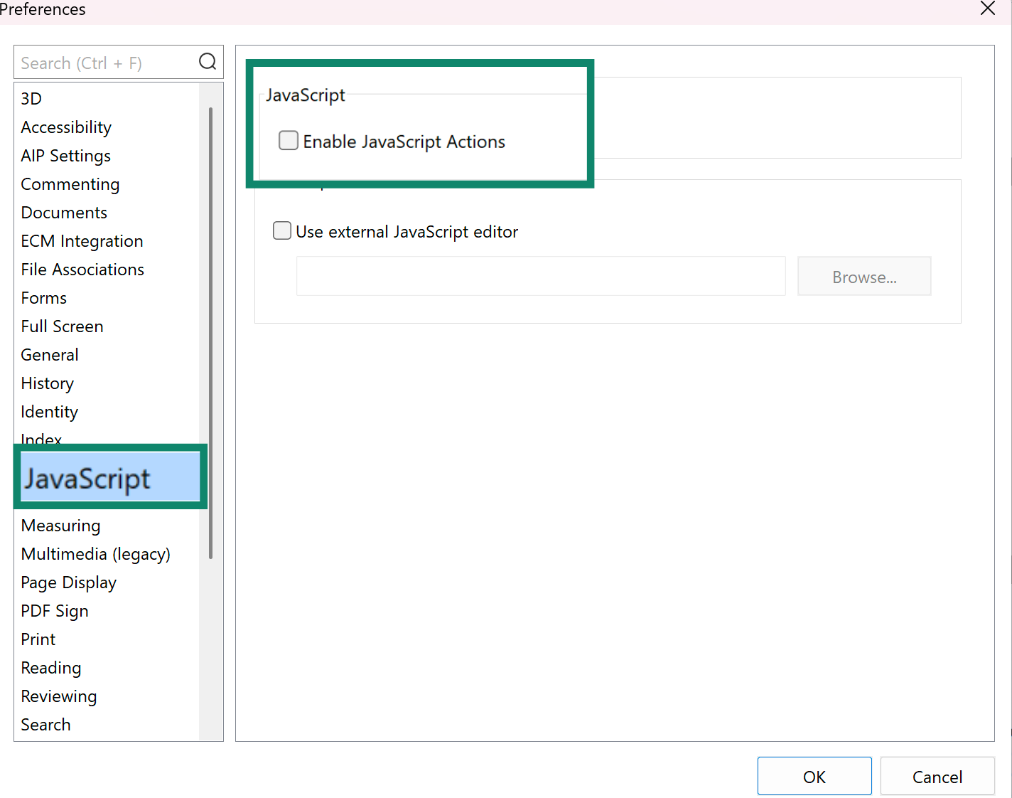 Imagen que muestra cómo desactivar JavaScript en Foxit Reader. 