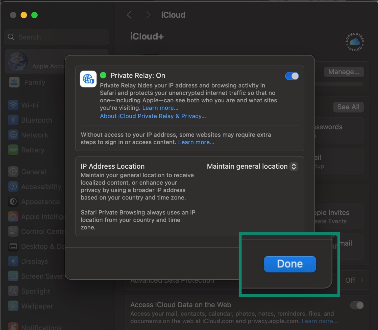 iCloud Private Relay window showing the option to toggle the feature on or off