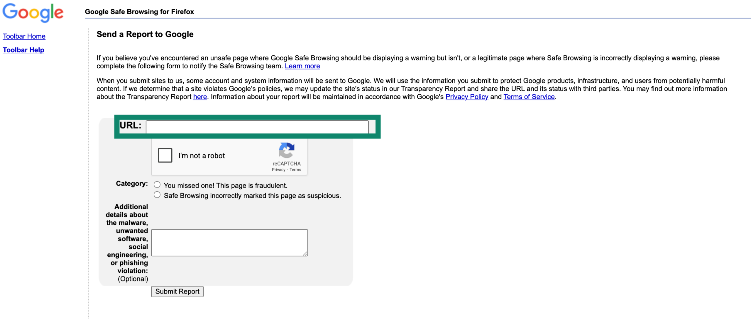 Página de Navegación segura de Google con el campo de la URL resaltado.