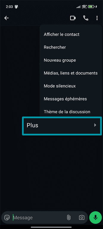 A screenshot of the WhatsApp app, showing the settings menu and More option.
