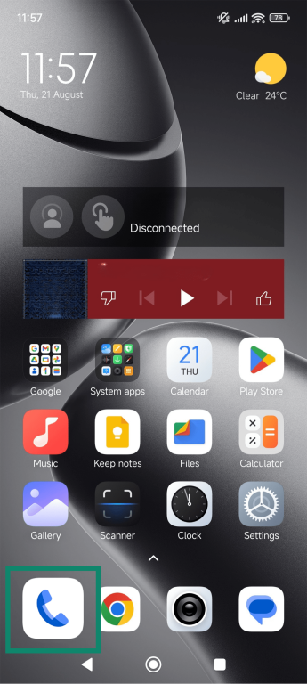 Android home screen, showing how to launch the Phone app.