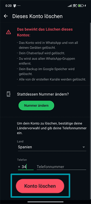 The Delete account page of the WhatsApp settings.