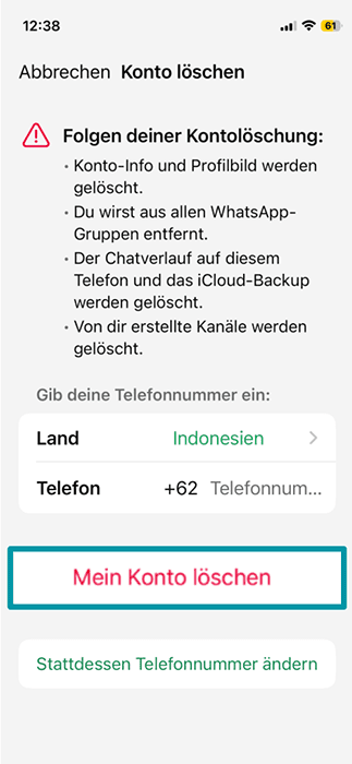 The Delete account page of the WhatsApp app on iPhone.