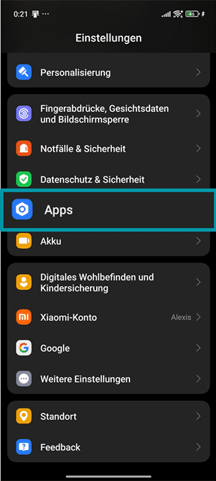 The Settings menu of an Android phone, showing the Apps option.