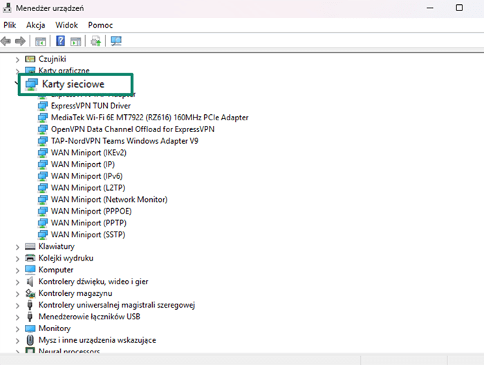 The Device Manager window, showing the Network adapters dropdown open.