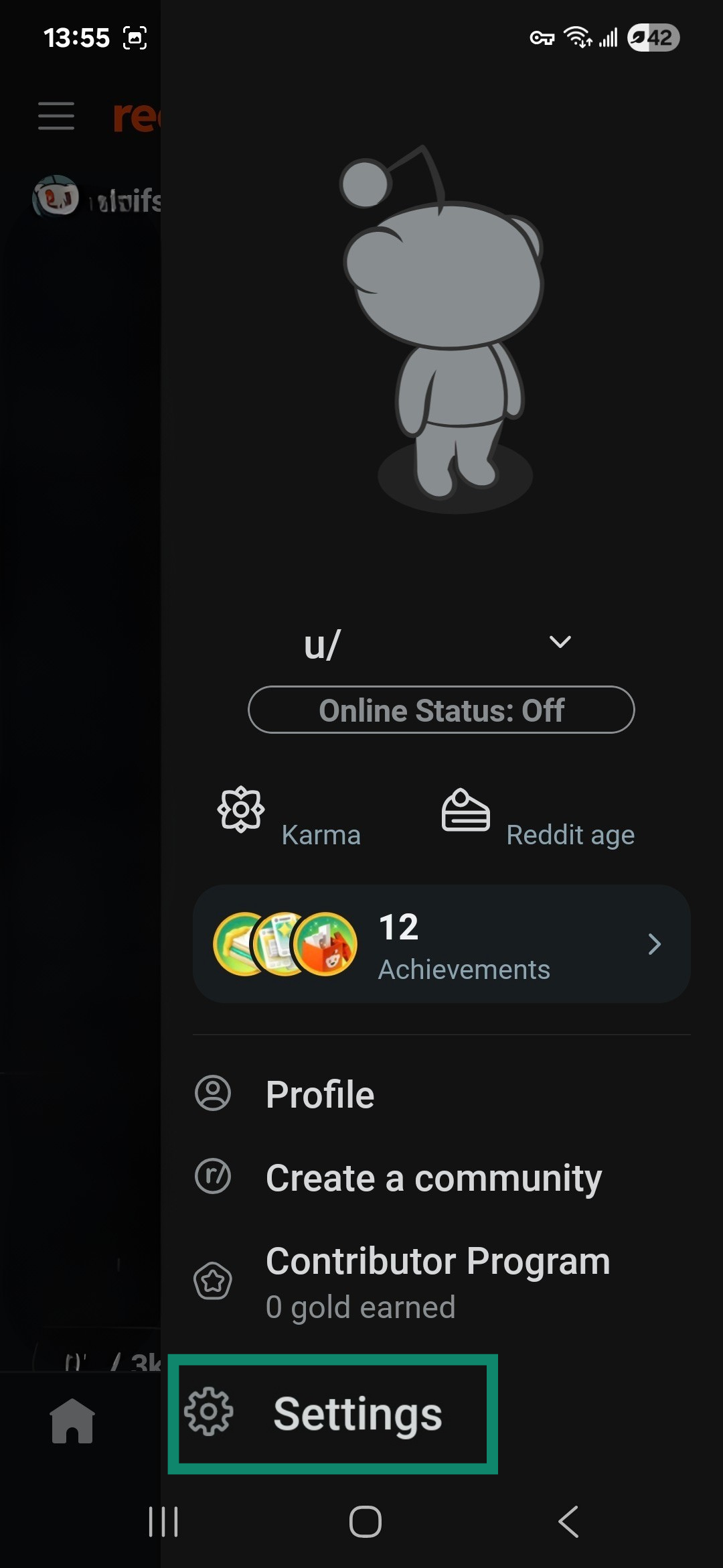 Reddit Android app settings icon highlighted.