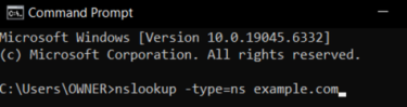 A Windows command prompt terminal showing the command to check a domain's nameservers.