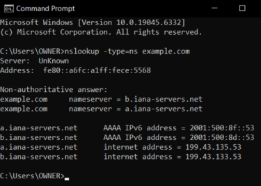 A Windows command prompt terminal response showing the nameservers for a specified domain.
