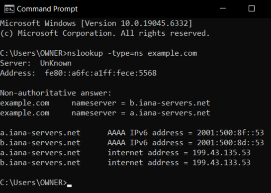A Windows command prompt terminal response showing the nameservers for a specified domain.