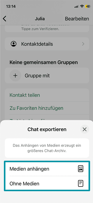 The Attach media and Without media options on WhatsApp when exporting chats on the app.